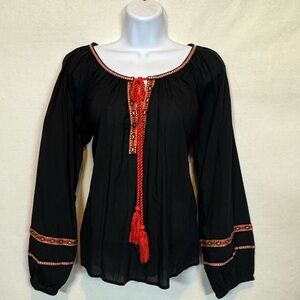 A-64 H&M Black‎ & Orange Embroidered Long Sleeve Pullover Blouse Size 6